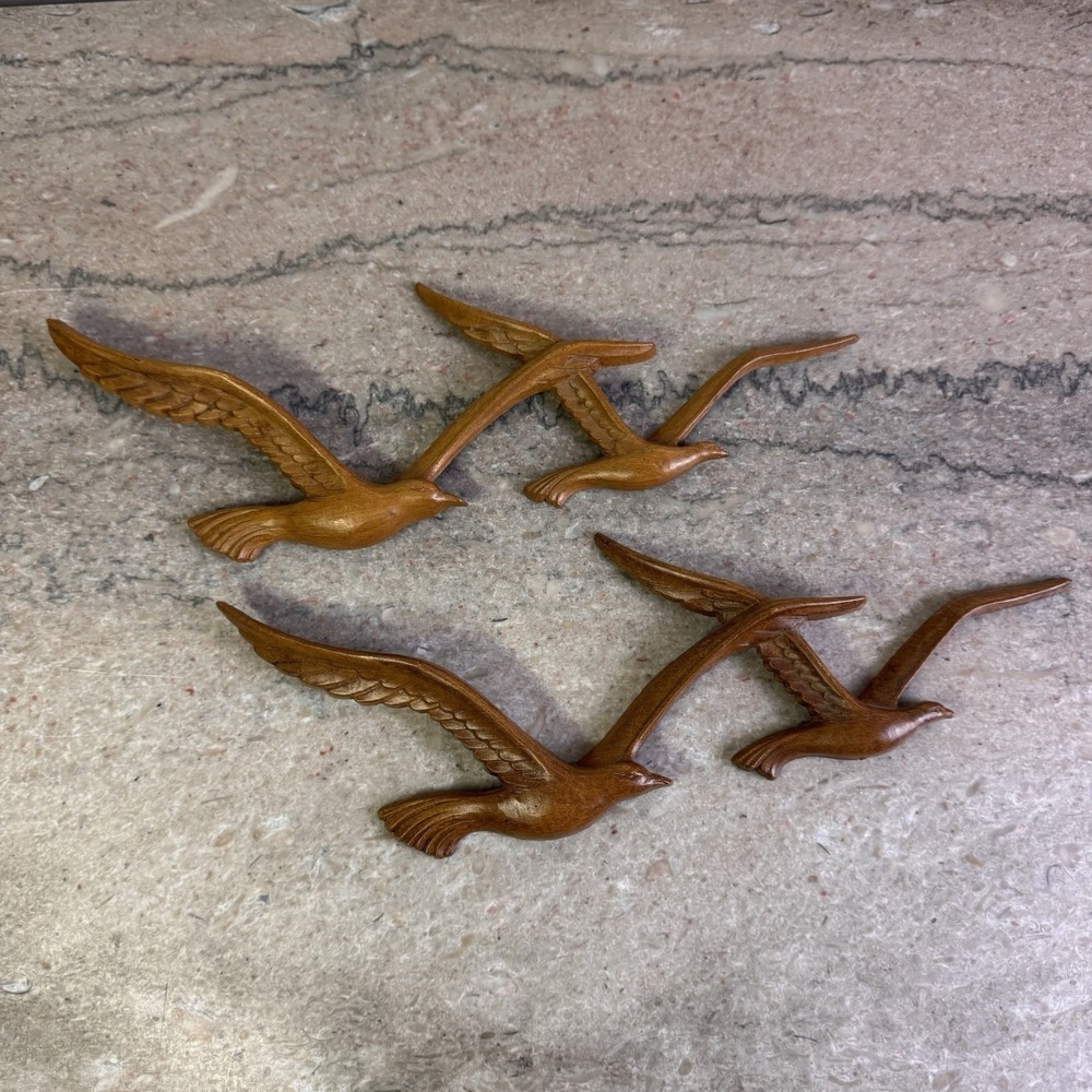 Vintage Syroco Homco MCM Wood-Look Plastic Flying Seagulls Birds Retro Brown